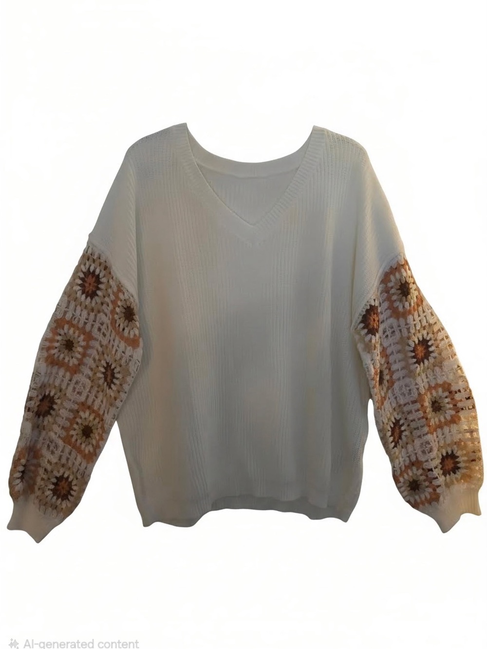 Cream V-Neck Sweater with Crochet Floral Sleeve Accents